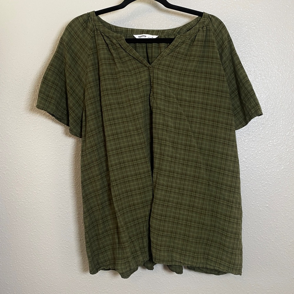 Sonoma Green Plaid Outlander Cottagecore Casual Summer Tartan Blouse 4X Goblin